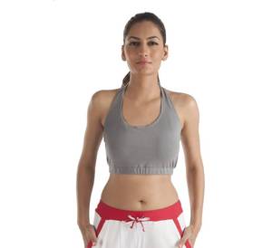 Sujetador deportivo de color gris con cuello de amarre con almohadillas extraíbles en tela de algodón orgánico para niñas - Product Image 1