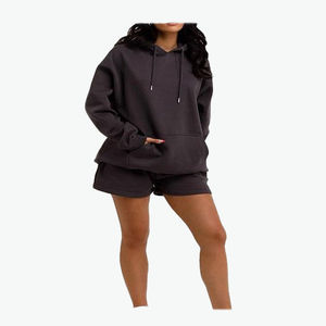 Nouvelle mode 100% coton été décontracté deux pièces ensemble pour femmes épaule tombante à capuche et short avec logo couleur personnalisée - Product Image 2