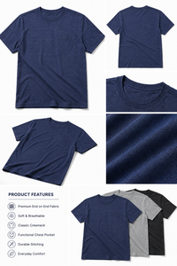Camiseta de Manga Corta Azul Marino para Hombre, 100% Algodón, Corte Holgado, Color Sólido, Estilo Casual, Tejido Jersey, Cuello Redondo, con Bolsillo - Product Image 5