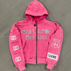 Low MOQ Multi-color Rhinestone Acid Wash Sweatsuit Chándal de algodón Pantalones de pierna ancha personalizados Pantalones de chándal desteñidos y conjuntos de Sudadera con capucha y cremallera - Product Image 1