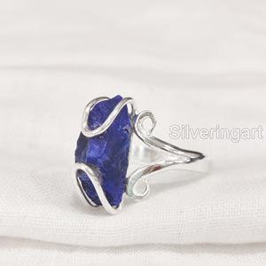 Bague pour femme en pierre brute, Lapis-lazuli naturel, style hippie, en fil, en argent sterling 925, pour Noël - Product Image 1