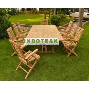 Teak 정원 가구 확장 테이블과 8 개 접이식 의자-Teak 야외 가구-식당 세트 파티오 가구