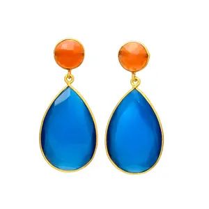 镀金精品珠宝耳环女性设计师手工制作蓝色蒙娜丽莎和香培宝石耳环银耳环