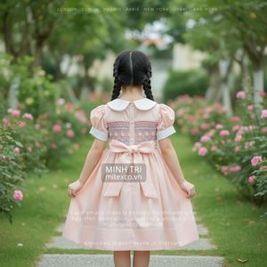 MINH TRI Girls Smocked Dress <b>Pink</b> Peter <b>Pan</b> Collar Puff Sleeve Embroidered Floral A-Line Knee-Length Cotton Sweet Style - Product Image 2