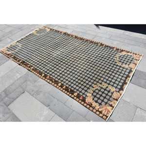 Vintage Area Rug 4.3x8.2 ft, Black <b>Brown</b> Floral Rug <b>Wool</b> - Product Image 1