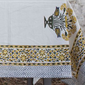 <b>Yellow</b> Big Flower Indian Cotton Canvas Hand Block Printed <b>Table</b> <b>Cloth</b> 4 Seater, 6 Seater and 8 Seater - Product Image 5