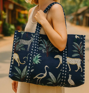 Femme bleu marine grand coton porteur matelassé ouvert sac fourre-tout bandoulière bloc à main imprimé mode Shopping accessoire - Product Image 1