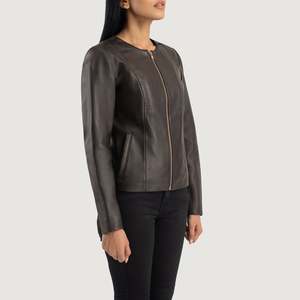<b>Womens</b> Brown Leather Collarless <b>Jacket</b> - Product Image 2