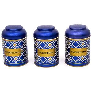 Dia 90x100 mm Metal <b>Canister</b> <b>Set</b> (<b>Set</b> of 3) with Dome Lids Seamless Pattern Design Geometric Lines Blue Background Turkish - Product Image 1