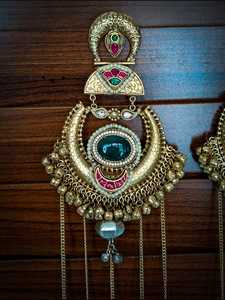 Pendientes largos Chandbali de doble acabado real de alta calidad tradicional con detalle de cadena Triple Jhumki cadena india Jhumki para mujer - Product Image 2