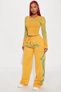 Premium quality customizable slim fitted long <b>sleeve</b> tee and baggy sweatpants for women silk screen printed breathable set - Product Image 2