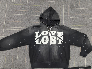 Sudadera con Capucha Extra Grande de Felpa Francesa Desgastada para Hombre, con Cierre, Bordado de Pedrería, Parche con Logotipo Personalizado, Patrón Sólido, Trajes Deportivos - Product Image 4