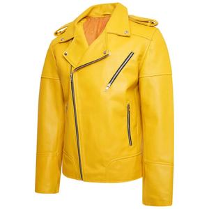 Veste de motard vintage pour homme en cuir d'agneau jaune avec col montant hiver toile fournisseur direct - Product Image 5