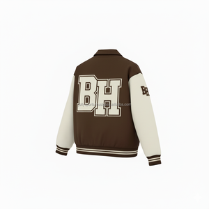 Premium 420 GSM laine mélangée Varsity Jacket marron corps manches blanches personnalisé Chenille Logo broderie femmes Varsity Jackets - Product Image 5