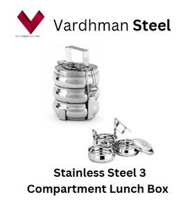 Venta al por mayor de acero inoxidable de 3 compartimentos Tiffin Box 8x3 Indian Belly Lunch Carrier Cajas Bento de grado alimenticio para uso escolar - Product Image 4