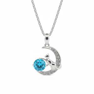 Collar Jeulia de Plata de Ley con Gato en la Luna y Piedra de Nacimiento Personalizada, con Baño de Rodio y Oro - Product Image 1