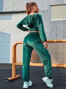 Custom Drawstring Drop Shoulder Crop Velvet Hoodie & Elastic Waist Velvet Sweatpants Crop Top V Shape Hoodie 2 Piece Tracksuit - Product Image 4