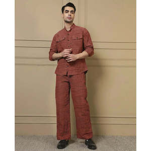 Amanush <b>Men's</b> Cotton Tan Textured Kurta With Pant Co-ord Set Woven Mandarin Collar Full Sleeve Casual Summer Daily Wear - Product Image 1