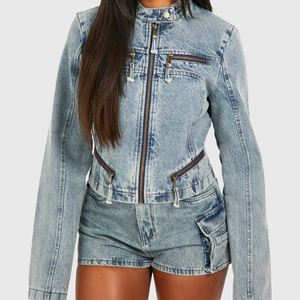 Chaqueta vaquera extragrande informal OEM para mujer, abrigo con botones de otoño y prendas de vestir de punto con logotipo personalizado de algodón satinado a prueba de viento - Product Image 1