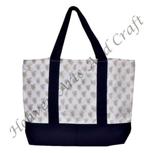 Nouveau sac de shopping en coton imprimé à la main avec poignée noire personnalisée, sac de plage à 2 poignées - Product Image 1