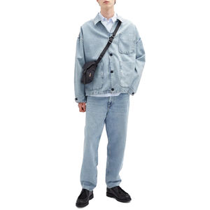 Chaqueta vaquera vintage acolchada de algodón azul claro unisex con botones de gran tamaño decoración cuello con capucha estampado sólido invierno - Product Image 3