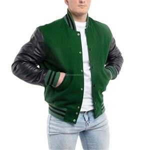 Blouson universitaire unisexe style américain en laine avec manches en cuir, fermeture éclair, coupe bomber, patchwork tactique uni - Product Image 1