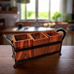 Portacucharas de Madera de Acacia Ecológico Hecho a Mano, Organizador de Utensilios Vintage con Marco Metálico, Soporte para Cubiertos de Tres Compartimentos, Apto para Lavavajillas - Product Image 4