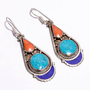 Pendiente de piedras preciosas de lapislázuli Coral turquesa natural, joyería de plata tibetana hecha a mano, proveedor de joyería de boda, joyería fina - Product Image 3