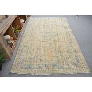 Alfombra turca Vintage Beige Azul 5x8ft Felpa hecha a mano Estilo Tabriz Lana Poliéster Patchwork Rectángulo Diseño con respaldo de látex - Product Image 3