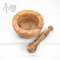 Mortier et pilon en bois d'olivier à surface plate |   Outil de cuisine tunisien fait main |   OEM / Vente en gros