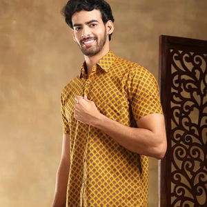 DARPAN MOUTARDE COTON HAND BLOCK SHIRT Emporium chemises décontractées pour hommes chemise en coton lycra pour hommes de marque - Product Image 1