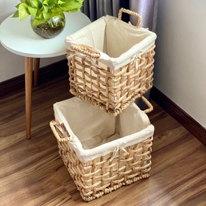 Cesta de almacenamiento de jacinto de agua de bambú de ratán de algas marinas rústicas ecológicas con asas y forro de algodón para decoración del hogar - Product Image 2