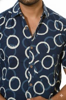 Chemise Homme de Haute Qualité 100% Coton à Manches Courtes, Imprimé Dessiné à la Main, Respirante, Écologique, Décontractée, Ethnique, Ikat, Bohème, Boutons en Corne, ODM