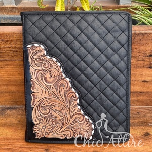 New A4 Size Custom Hand Tooled Leather Interview Resume Padfolio Zipper Ring <b>Binder</b> Genuine Leather Quilted Presentations <b>Folder</b> - Product Image 1