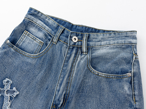 Dizzah lavage à l'acide personnalisé nouveau Faddish grande taille jambe large coupe ample femme jean mi-taille décontracté en détresse côté rayure solide - Product Image 6