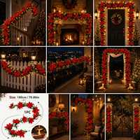 Guirlande de Noël artificielle en poinsettia et eucalyptus, illuminée, rouge et verte, 180 cm, décoration durable pour porte et escalier