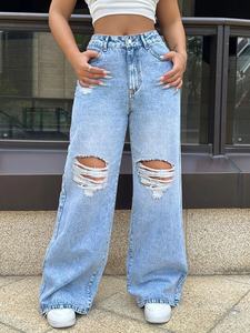 Nouveau jean déchiré et délavé, pantalon en denim ample à jambes larges, jean décontracté pour femmes - Product Image 6