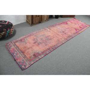 Vintage 2.9x10.8 ft Wool Turkish <b>Runner</b> <b>Rug</b> Pink Ikat Patchwork Design Eco-Friendly Latex Backing - Product Image 2