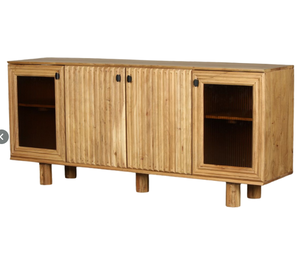Buffet moderne 4 portes en bois d'acacia massif CNC sculpté finition naturelle cannelée pour salle à manger chambre hôtel hôpital utilisation ample stockage - Product Image 4
