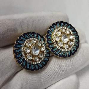 Pendiente de tuerca redondo Floral Polki de Plata de Ley 925 antideslustre indio para mujeres y niñas revestimiento de esmalte azul atractivo de lujo - Product Image 2