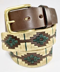 Ceinture Polo personnalisable en cuir avec broderie crème et verte Boucle dorée pour accessoires de sport - Product Image 1