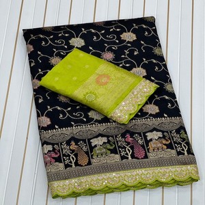 Sari en soie Dola de qualité supérieure VASTRA COTTAGE avec broderie Meenakari Zari, bordure à paillettes et chemisier contrasté - Product Image 5