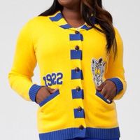 Vente en gros de cardigans décontractés pour femmes en tricot à col rond avec broderie Zeta Phi Beta, 100% polyester, automne, couleur unie, séchage rapide, haute qualité