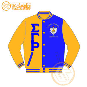 Chaqueta universitaria bordada de satén Sigma Gamma Rho personalizada, chaquetas de mujer de ropa griega transpirable de alta calidad para hermandad - Product Image 1