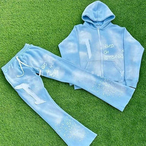OEM Custom Distress Embroidery Patch Zip up Tracksuit Acid Wash Rhinestone Sweatpants and <b>Hoodie</b> Set for Men - Product Image 2