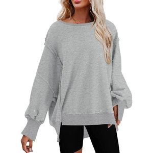 Sweat surdimensionné femme col rond goutte épaule à manches longues pull sweat mode salut bas ourlet fentes latérales coupe ample - Product Image 1