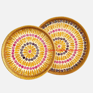 Ensemble de plateau de service en rotin tissé avec poignées en mosaïque verte plateau en osier rond décoratif pour la Table de cuisine à la maison et le service de fête - Product Image 4