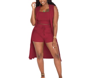Casual Primavera Verano Color sólido sin mangas chaleco largo cárdigan Top pantalones cortos mujeres 3 piezas conjunto corto - Product Image 2