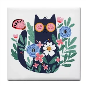 Azulejo de cerámica de Arte Moderno, borde contra salpicaduras, acento de gato, flores, gatito felino, acento de pared para cocina o baño - Product Image 1