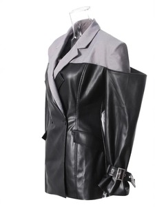 Veste de motard imperméable bicolore pour femme en cuir de vachette noir gris boucle à un bouton poignets coton mouton vêtements d'extérieur élégants - Product Image 3